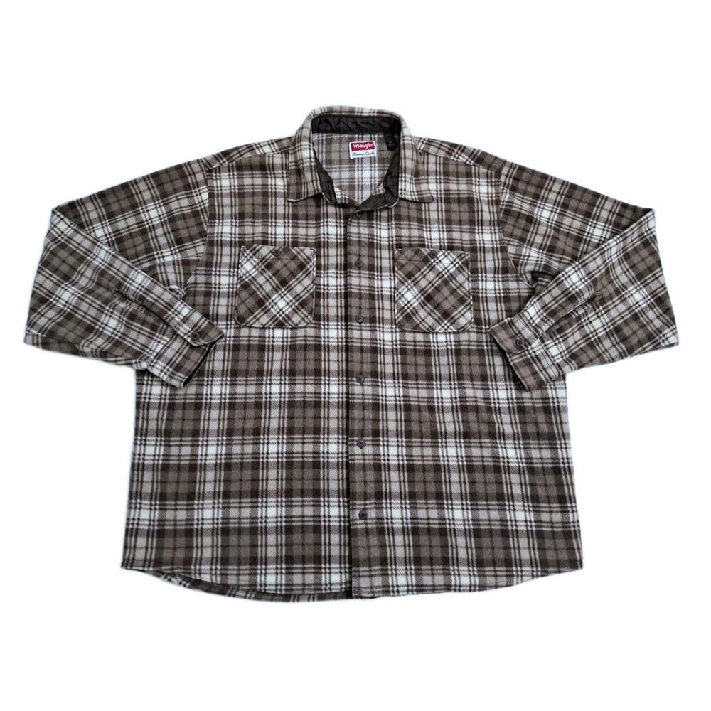 Wrangler Men's 2XL Flannel Fleece Shirt Brown Beige Long Sleeve Button